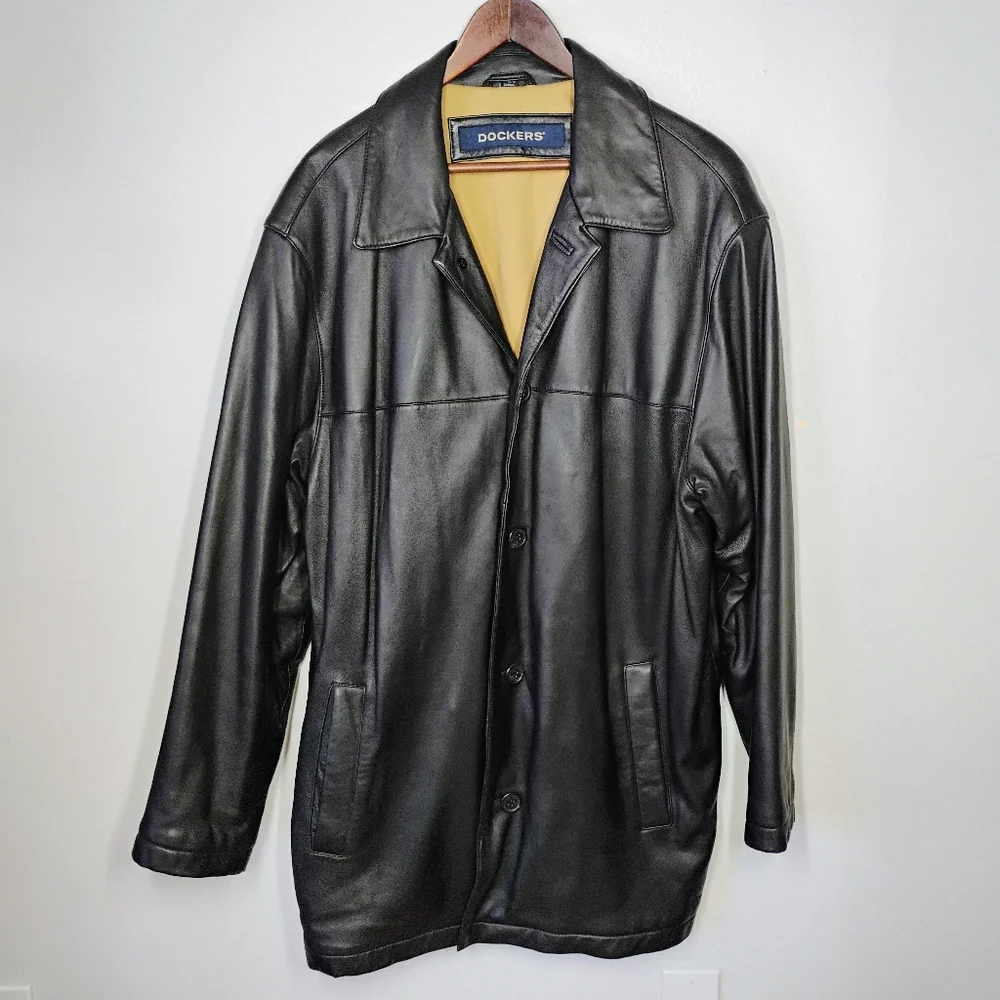 SOLD Dockers Black Lamb Leather Button Up Coat Jacket Mens Size Large - Picture 1 of 16